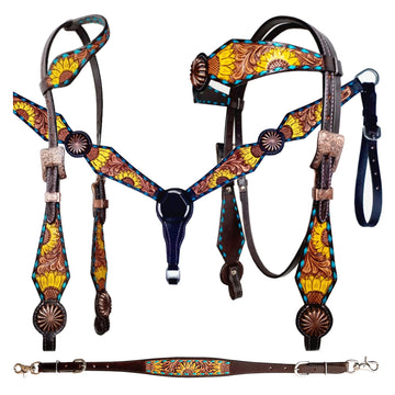 Bar H Equine Genuine Western American Leather Horse Premium Headstall & Breast Collar Set